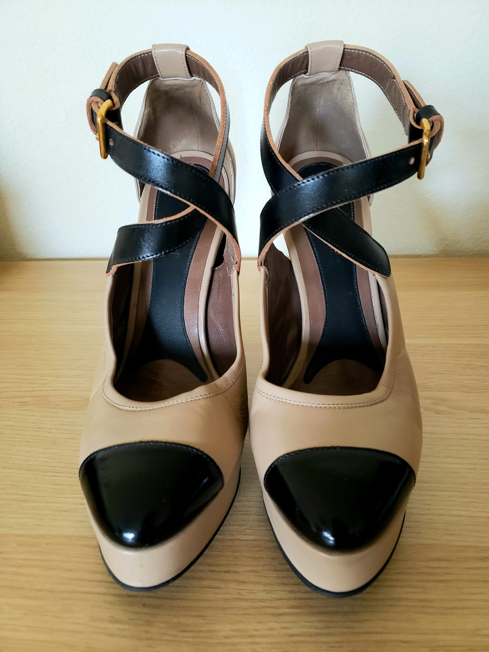 Marni Women’s Two-Tone Beige and Black Platform Heels with Cross Ankle Straps